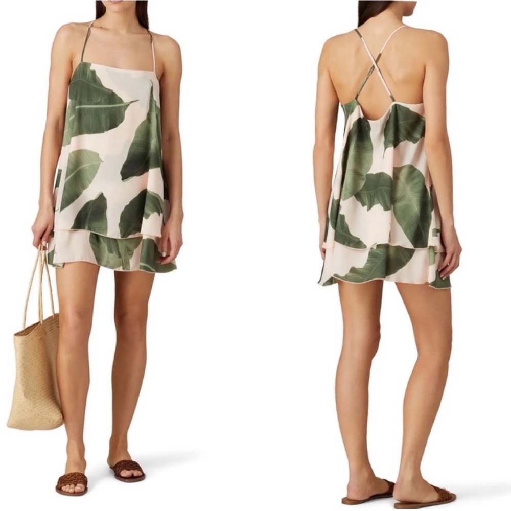 Show Me Your Mumu Leaf Print Mini Dress in Green and Cream